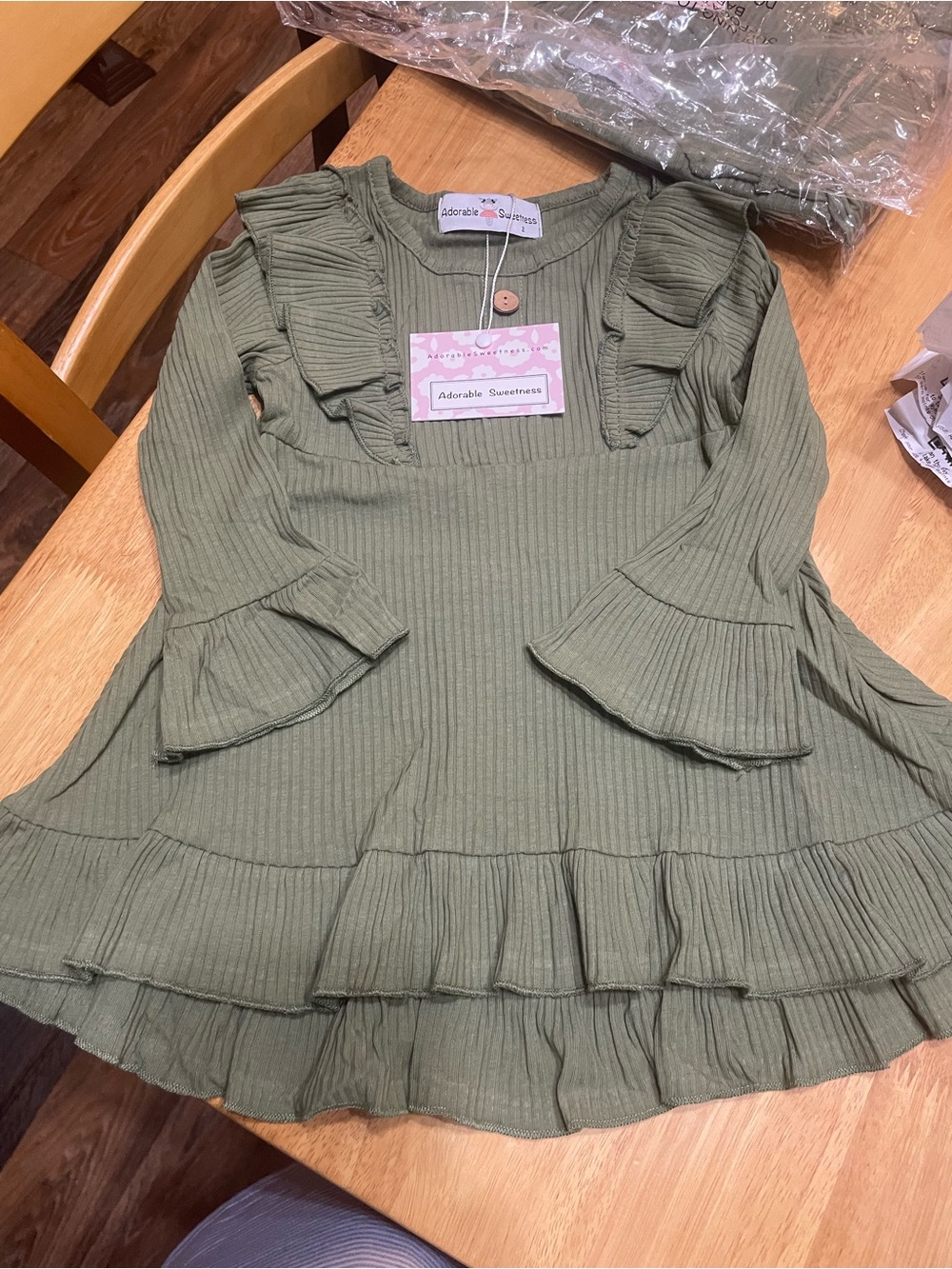 Girls' Olive Green Ruffle Knit Dress